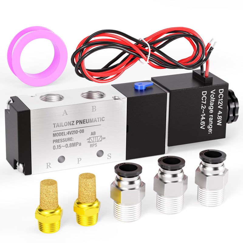 TAILONZ PNEUMATIC 1/4"NPT Solenoid Valve DC12V Single Coil Pilot-Operated Electric 2 Position 5 Way Connection Type 4V210-08 Outlet wire - Image 1